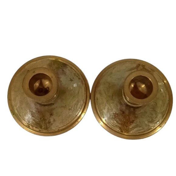 Vintage Pair Solid Brass Candlestick Holders Etched Floral Pattern Indian Made - Picture 3 of 8